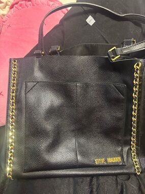 Steve Madden Black Pebbled Leather Tote with Gold Chain Trim